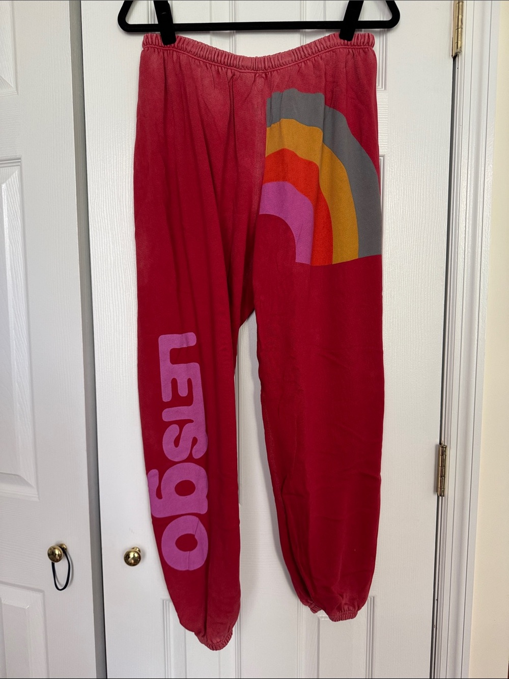 Freecity Women Red Graphic Jogger Sweatpants with Rainbow Accent - Size L